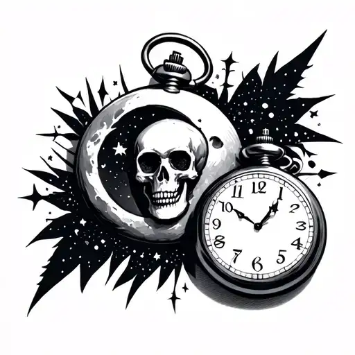 Moon With Stary Sky Pocket Watch And Skull