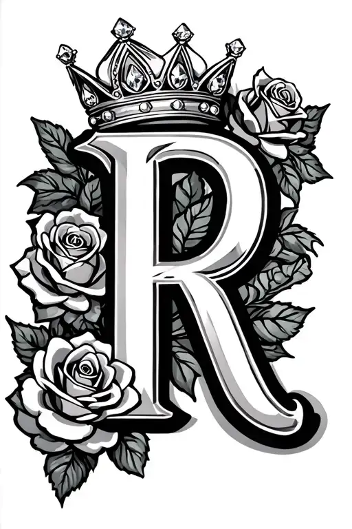 Old Style R With Roses And Diamonds On Left Side And A Crown On Top Slightly Askew