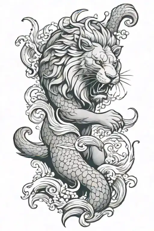 Roaring Lion And Koi Fish Surrounded