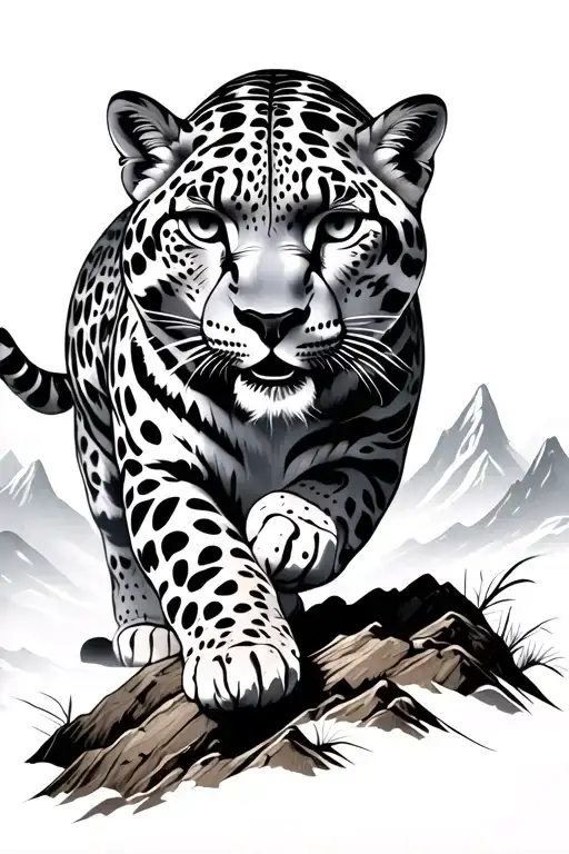 Chinese Style Snow Leopard Walking Down A Mountain