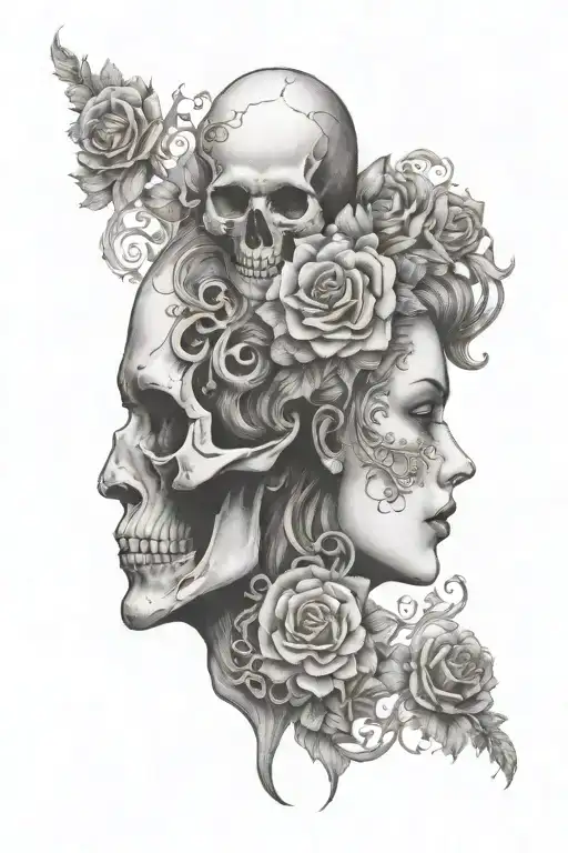 Janus Head Profile Skull And Lady