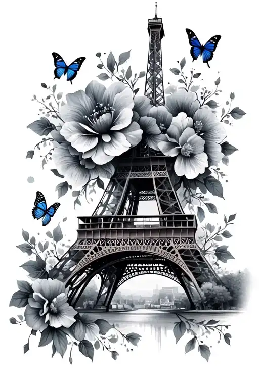 Eiffel Tower With Floral Flowers And Butterflies