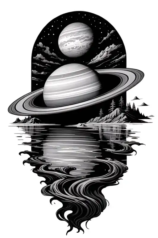 Forming Saturn Above A Large Flowing River Running With Patterns