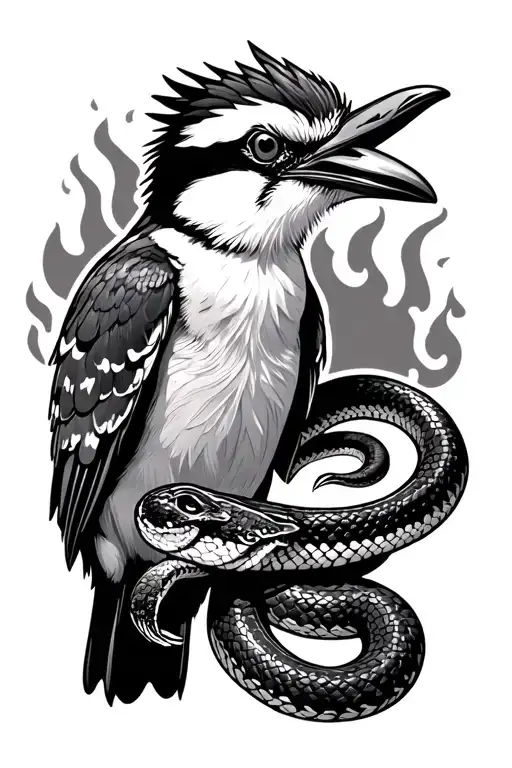 Realistic Kookaburra Eating A Snake With Fire Background Black