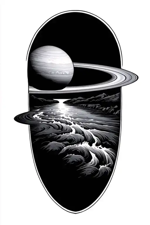 Forming Saturn Above A Large Flowing River Running Surrounded With Patterns