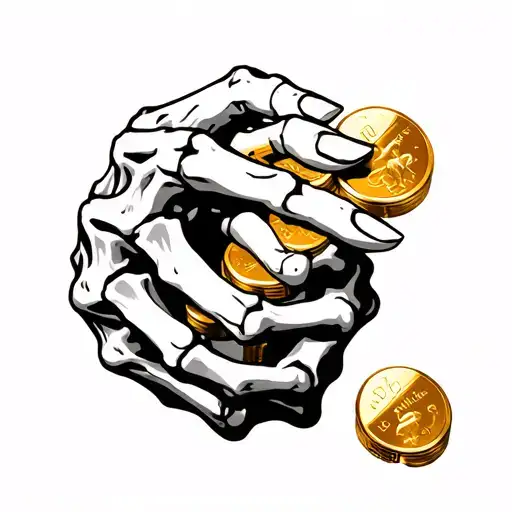 Skeleton Hand Holding Gold Pieces