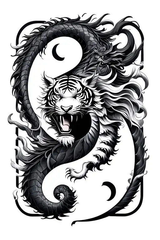 Yin Yang Dragon And Tiger Surrounded