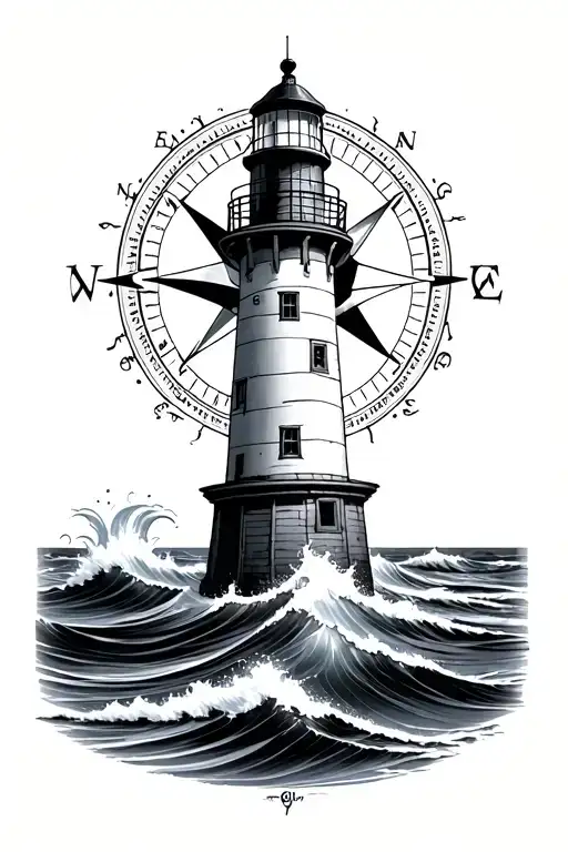 Compass And Lighthouse Standing Tall Amidst Crashing Waves