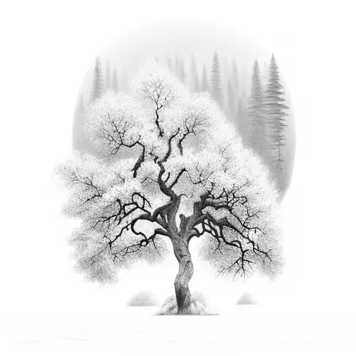 A Natural Landscape In Black And Gray With A Majestic Tree Silhouette And Mountains