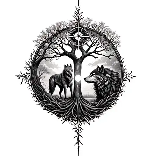 Tree Of Life With Compass And Wolf Surrounded