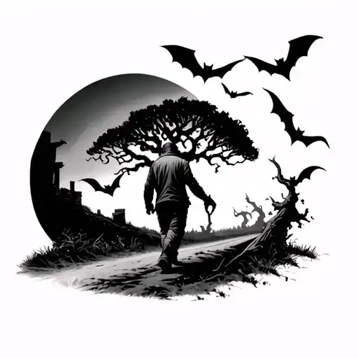 Man Walking Down A Dark Road With A Poison Tree And Bats And A Moon