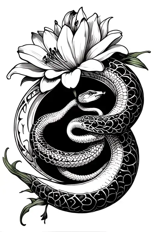 Snake Intertwined On A Lily Flower Climbing A Crescent Moon
