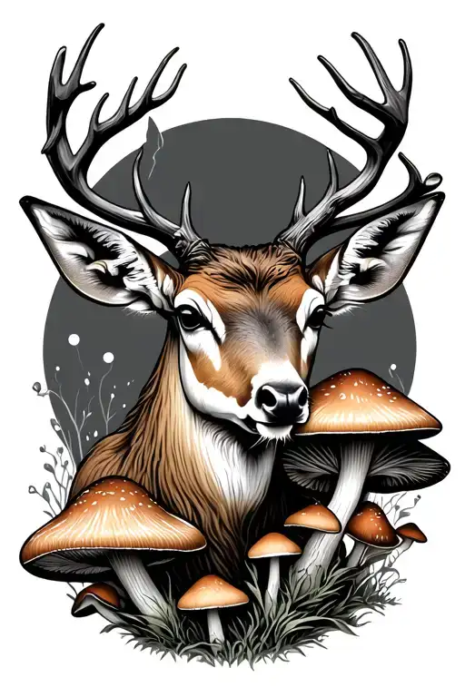 Mystical Deer Head Eating Mushrooms
