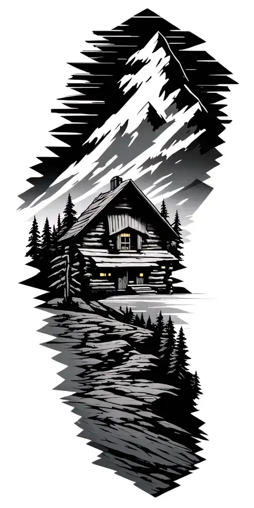 A Geometric Mountain Landscape Incorporating A Log Cabin