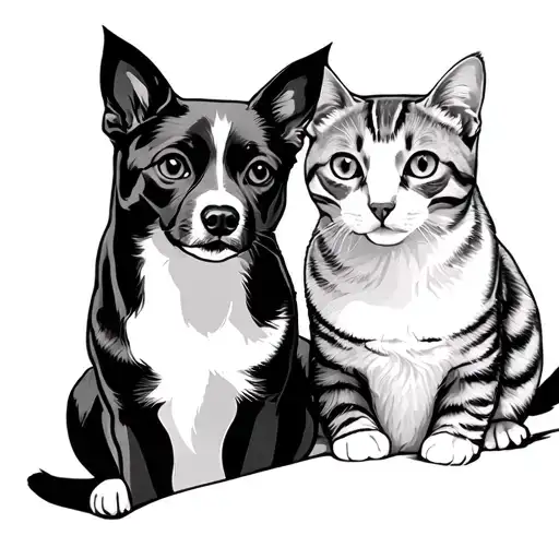Dog And Two Cats Sitting Outline