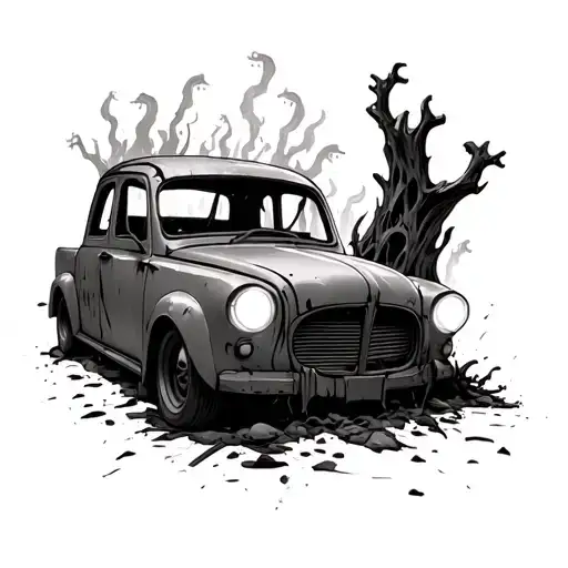 A Burned Down Car With Warnlights And Ghosts In It