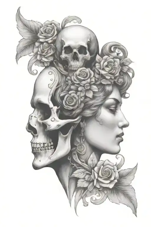 Janus Head Profile Skull And Lady