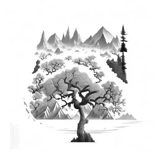 A Natural Landscape In Black And Gray With A Majestic Tree Silhouette And Mountains