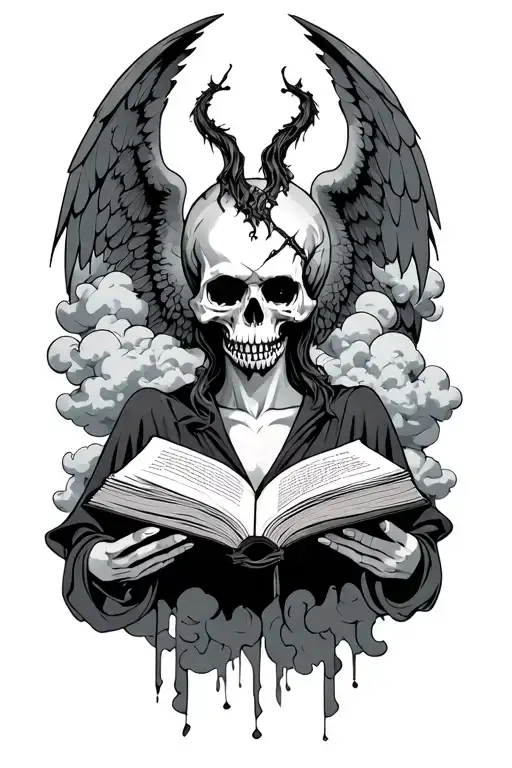 A Demonic Full Angel With Skull Face Holding An Open Book Surronded With Clouds