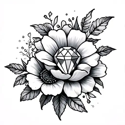 Back Tattoo With Flowers And A Diamond As The Centerpiece