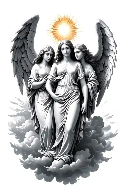 Three Angels In Heavenly Clouds With Sun Beam Cutting