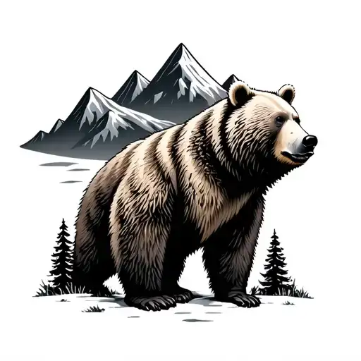 Minimalistic Grizzly Bear In Woods Surrounded Mountains In Background