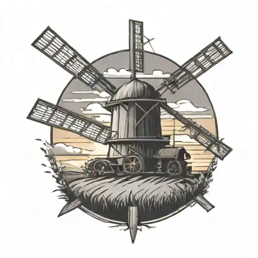 Tractor Windmill Tower With Sunset