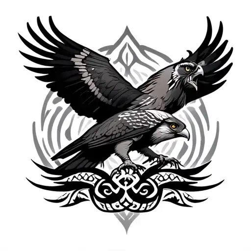 A Falcon In Shulder Cross The Falcon Maori Line And Maori Band Whit Yggdrasil Behind The Line