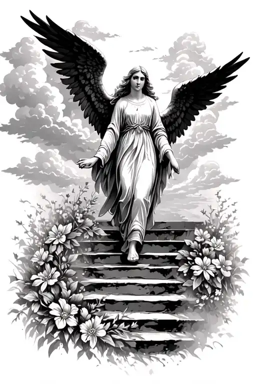 An Angel Walking Up A Stair Case To Heaven Gates With Clouds And Flowers