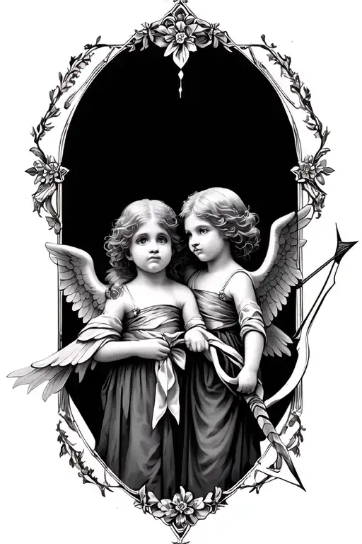 Two Little Angels With Silk Scarf And Bow And Arrow