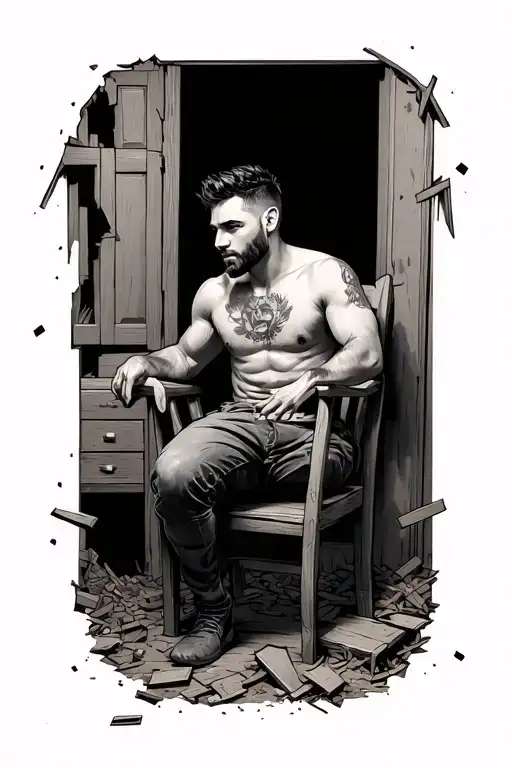 Man Sitting On A Wooden Chair In A House That Falling Apart Around Him