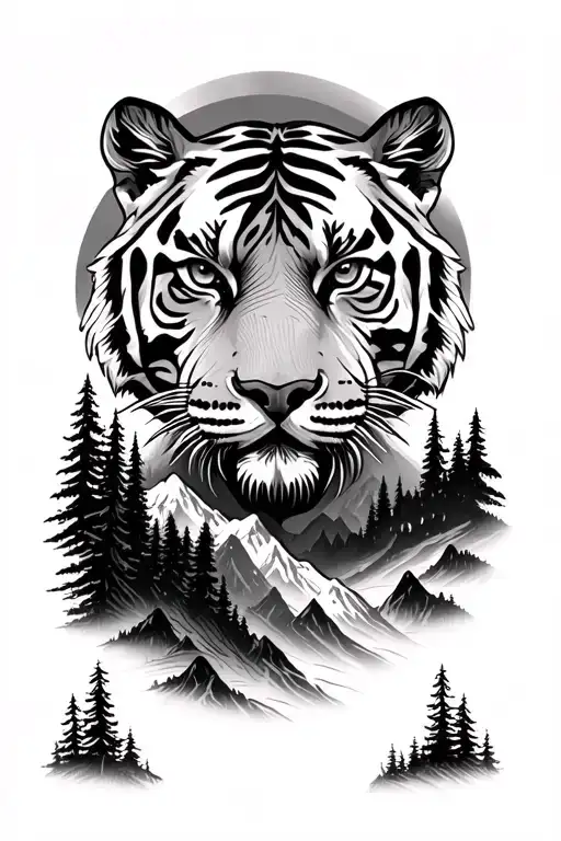 Tiger Face With Forrest And Mountains Inside