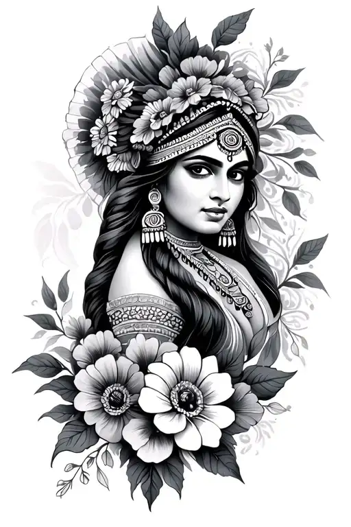 Indian Woman And Flowers Under