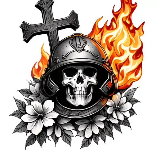 Flowers And Cross Wrapped With A Fire Helmet