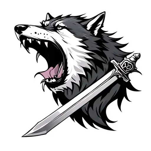 Wolf With Sword In Mouth Open