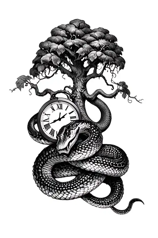 Leg Tattoo Of Snake Wrapped Around A Poison Tree Holding A Clock