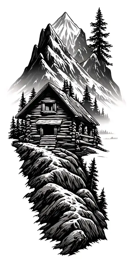 A Mountain Landscape Incorporating A Log Cabin