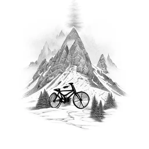 A Detailed Black And Grey Tattoo Of A Mountain Bike Surrounded By Lush Forest
