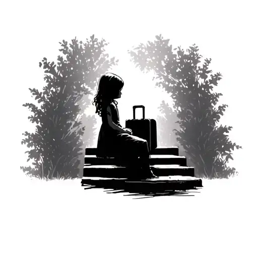 Silhouette Of Little Girl Sitting With Suitcase On 4 Stairs