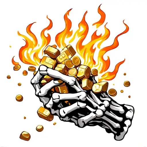 Skeleton Hand Holding Gold Pieces On Fire