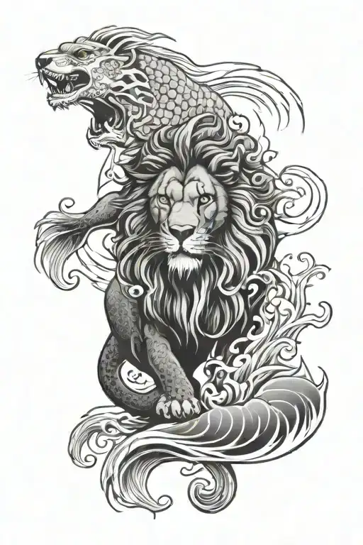 Lion And Koi Fish In Water Waves