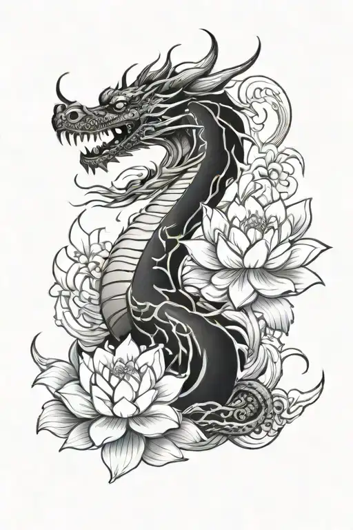Dragon And Lotus Tattoo In Ink Style
