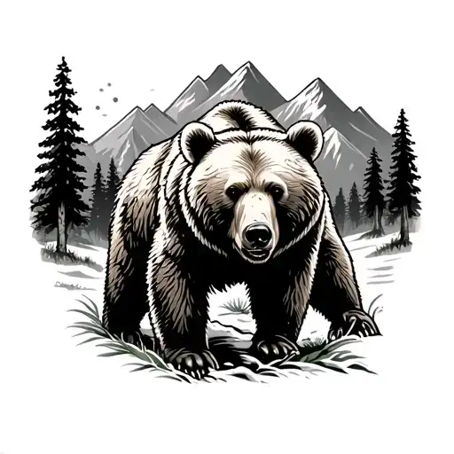 Grizzly Bear In Woods Surrounded Mountains In Background