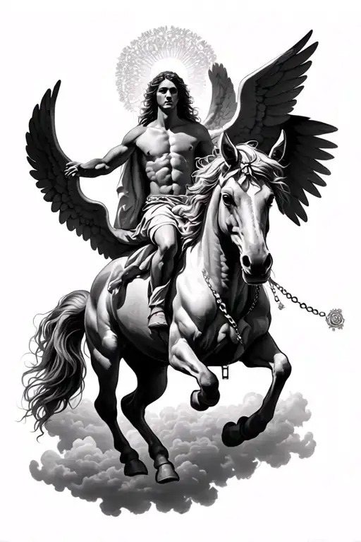 Centaur Being Rided By Half Angel And With Rosary In Clouds