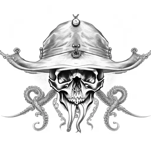 Skull With Pirate Hat With Tentacles Coming Out Of The Eye Socket And Wrapping Around Neck
