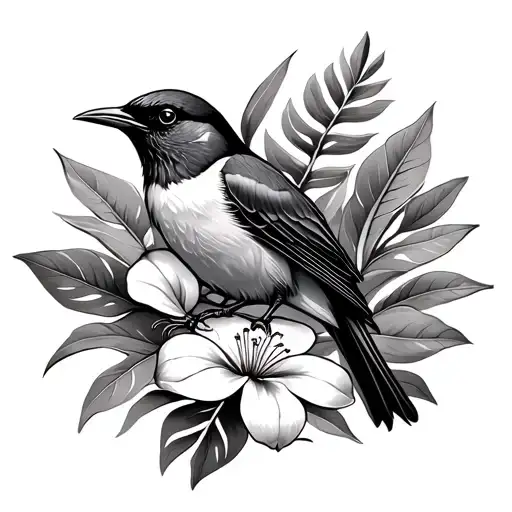 Lignum Vitae Flower Bird Of Jamaica With Tropical Leaves And Shading