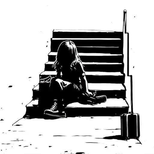 Silhouette Of Little Girl Sitting With Suitcase On Steps