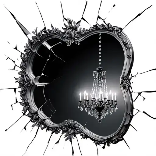 A Broken Mirror With A Chandelier In The Reflection That Has One Light Out
