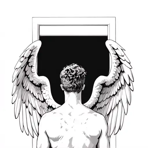 Man With Angel Wings Facing Away Towards A Doorframe Made Of Pure Light