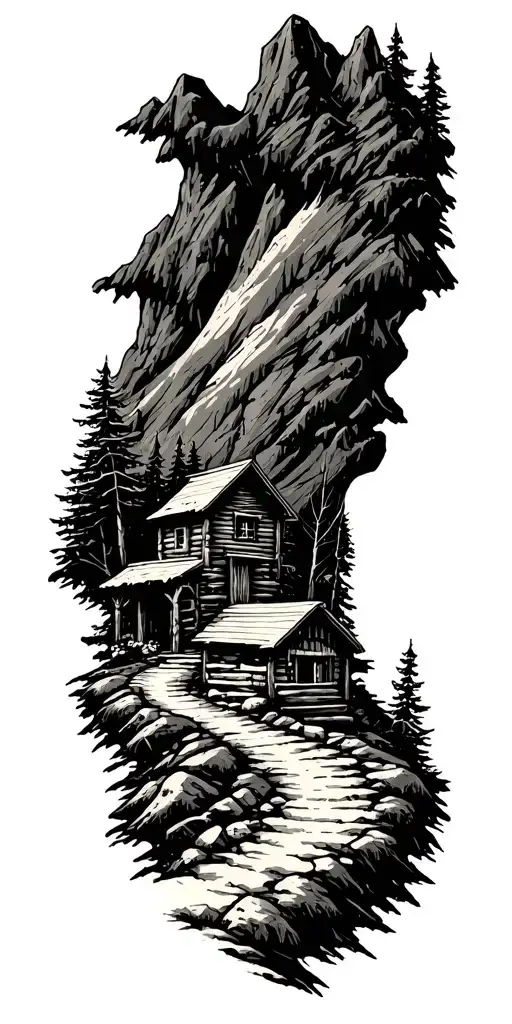 Mountain Cabin Scene Featuring Hiking Path